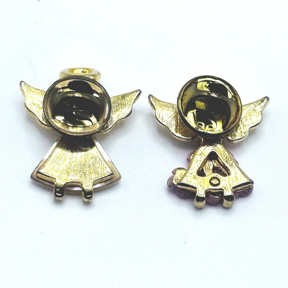 Vintage Angel Lapel Pins Gold Tone MOP Blue Rhinestone Pink Floral Tac Pin Set - Picture 5 of 7